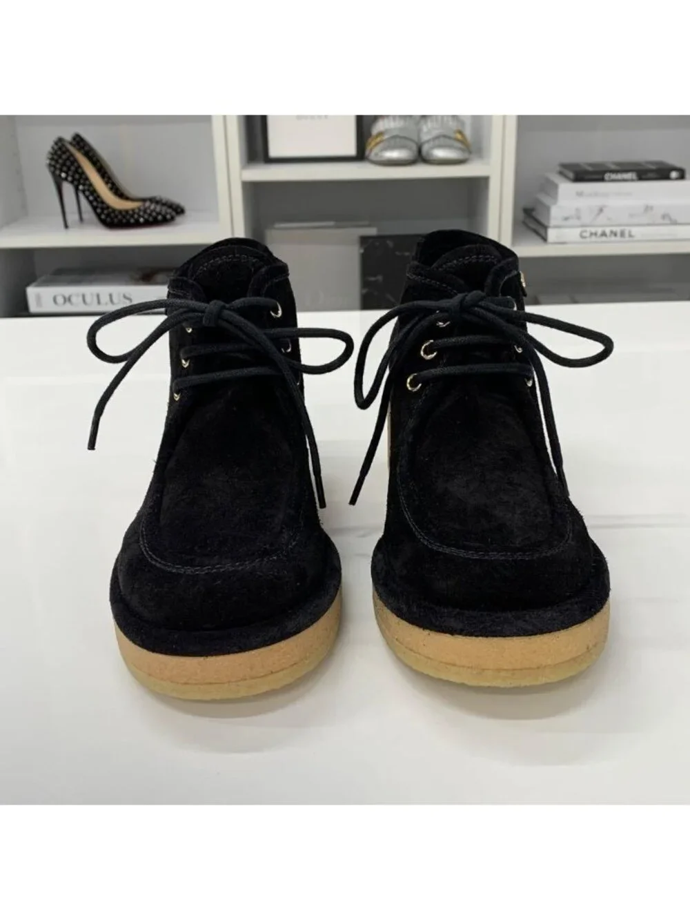 Chanel Suede Logo Wedge Sole Lace-up Shoes Black